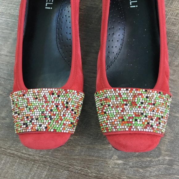 Vaneli Red Suede Multi Color Rhinestone Flats- 8N - Picture 3 of 8